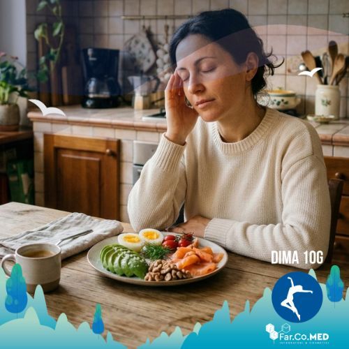 Una donna seduta a un tavolo in cucina, con gli occhi chiusi e una mano sulla tempia per il mal di testa, ha davanti a sé un piatto con uova, avocado, salmone e noci, suggerendo la correlazione tra dieta chetogenica emicrania. Sul tavolo c'è anche una tazza di caffè.