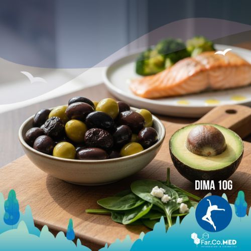 Composizione che mostra una ciotola di olive miste scure e verdi, affiancata da mezzo avocado maturo e spinaci freschi con formaggio feta sbriciolato. Sullo sfondo sfocato, un piatto chetogenico con salmone grigliato e broccoli. Foto ben illuminata per articoli sulle olive dieta chetogenica e alimentazione sana.
