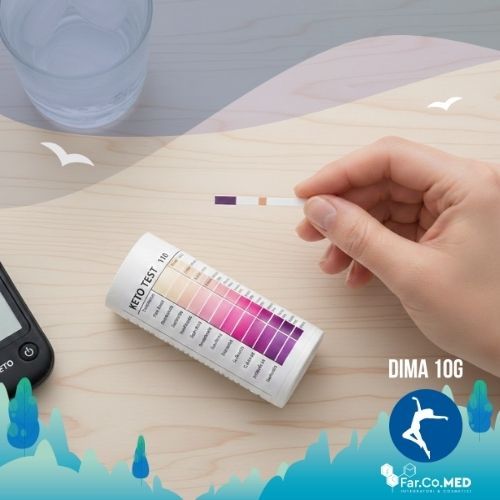 Strisce reattive per la chetosi vicino ad un cilindro con la leggenda dei colori per interpretare i valori del keto test