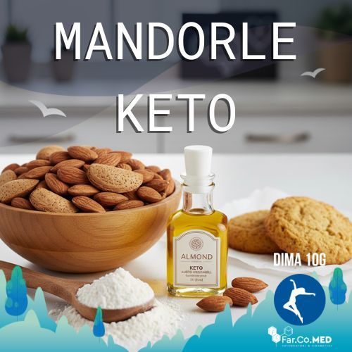 Mandorle dieta chetogenica: una ciotola di mandorle intere, farina di mandorle su un cucchiaio, una bottiglia di olio di mandorle e biscotti chetogenici, in una cucina luminosa che evoca salute e alimentazione keto.