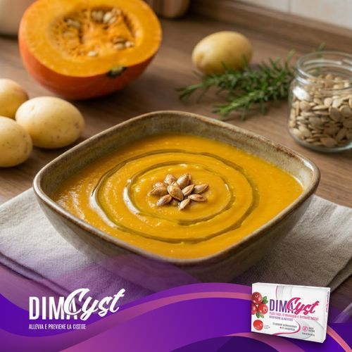 Vellutata di zucca con patate e semi di zucca per la cestite servita su un piatto rettangolare in ceramica con della zucca, patate, rosmarino e semi di zucca nello sfondo.