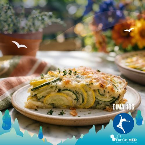 Copertina del Gratin di zucchine al forno con zucca estiva, in una prospettiva macro ed estiva