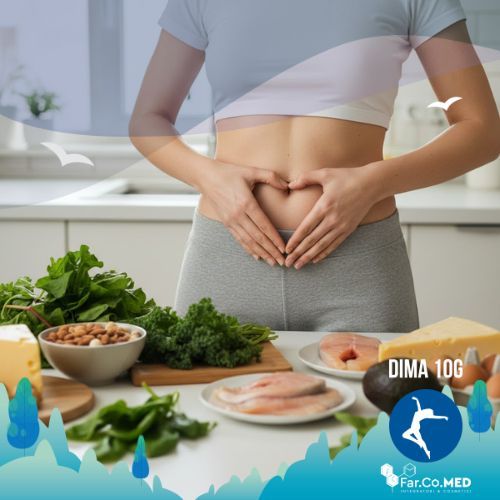 Una donna che fa il simbolo del cuore con le mani, all'altezza dell'ombelico per indicare il microbiota collegato alla dieta chetogenica e intestino. Davanti a lei ci sono anche una varietà di alimenti chetogenici come formaggi, pesci e verdure a foglie verdi