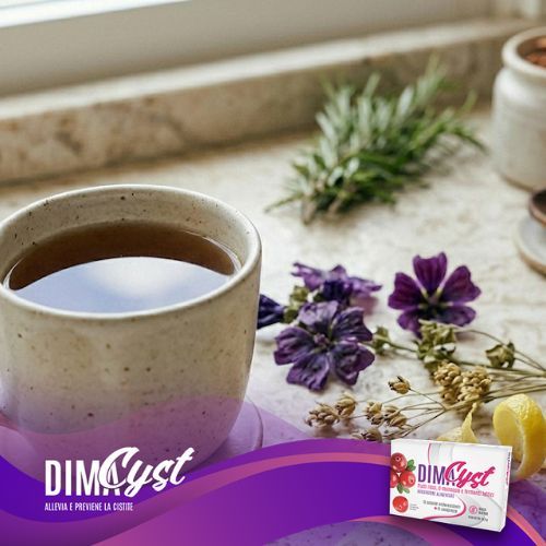 Una tazza di ceramica colma di tisana malva e gramigna pronta per il consumo, con fiori di malva viola essiccati e scorza di limone decorativa sullo sfondo.