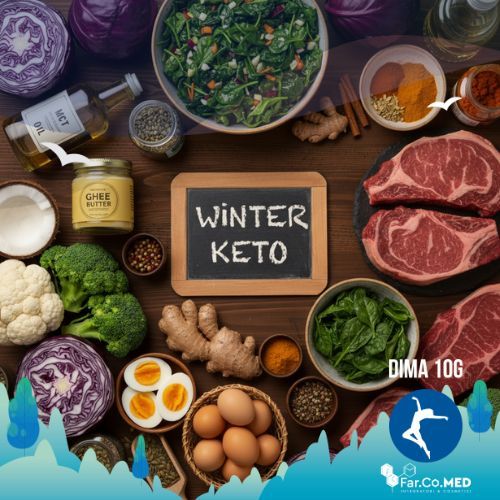 Una vista dall'alto di alimenti per una dieta invernale chetogenica disposti su un tavolo di legno scuro. Gli alimenti includono due fette di carne rossa grassa (ribeye) su un piatto di ardesia; verdure come cavolfiore, broccoli, cavolo rosso e una noce di cocco; uova sode con tuorli visibili; una ciotola di spinaci freschi; un barattolo di burro ghee e una bottiglia di olio MCT/Cocco. Spezie riscaldanti come zenzero, cannella e curcuma in polvere e in stecca sono raggruppate in alto a destra. In basso è visibile una tazza di brodo d'ossa caldo fumante. Al centro, una piccola lavagna recita "WINTER KETO".