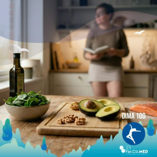 Una fotografia con focus in primo piano su alimenti sani come avocado, noci, salmone e spinaci su un tavolo di legno. Sullo sfondo, una donna con segni visibili di lipedema alle gambe consulta un libro di ricette in una cucina luminosa, illustrando l'applicazione della dieta chetogenica per lipedema in un contesto domestico e quotidiano.
