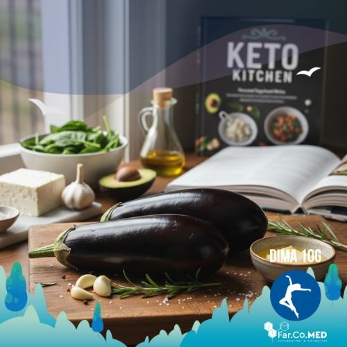 Due melanzane chetogeniche fresche adagiate su un tagliere di legno, affiancate da aglio, rosmarino e sale grosso. Sullo sfondo sfocato si intravedono ingredienti keto come spinaci, avocado, feta, olio d'oliva e un libro di ricette "Keto Kitchen", con una finestra luminosa che illumina la scena.