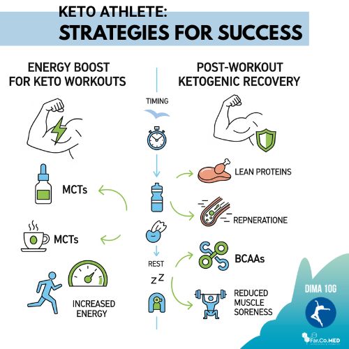 Infografica scientifica che illustra il percorso di adattamento metabolico nella dieta chetogenica e sport per la performance di endurance, mostrando l'utilizzo dei grassi e la produzione di chetoni nel tempo.