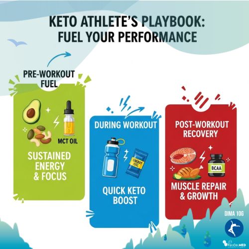 Infografica sul piano alimentare strategico per la dieta chetogenica e sport, che illustra cosa mangiare prima e durante l'allenamento con MCT e chetoni, e cosa assumere nel post-allenamento con proteine e BCAA per il recupero.