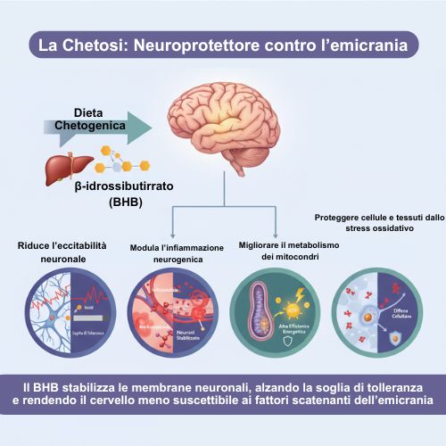 Immagine che illustra il meccanismo d'azione della dieta chetogenica come neuroprotettore contro l'emicrania. La dieta produce β-idrossibutirrato (BHB) che agisce sul cervello tramite quattro vie: Riduce l'eccitabilità neuronale, Modula l'infiammazione neurogenica, Migliora il metabolismo dei mitocondri e Protegge cellule e tessuti dallo stress ossidativo. Il BHB stabilizza le membrane neuronali, alzando la soglia di tolleranza e rendendo il cervello meno suscettibile ai fattori scatenanti dell'emicrania.