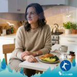 Una donna sorridente e in salute seduta in una cucina luminosa, pronta a consumare un pasto a base di salmone e avocado che illustra il legame tra dieta chetogenica e tiroide. Sul tavolo sono presenti anche un bicchiere d'acqua e un flacone di integratori, rappresentando un approccio equilibrato al benessere metabolico.